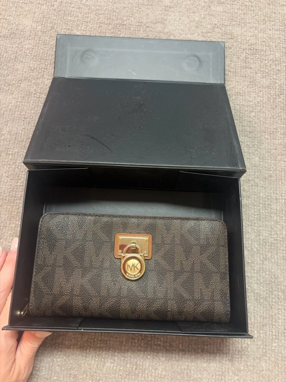 Michael Kors Dark Brown MK Monogram Continental Wallet with Gold Charm
